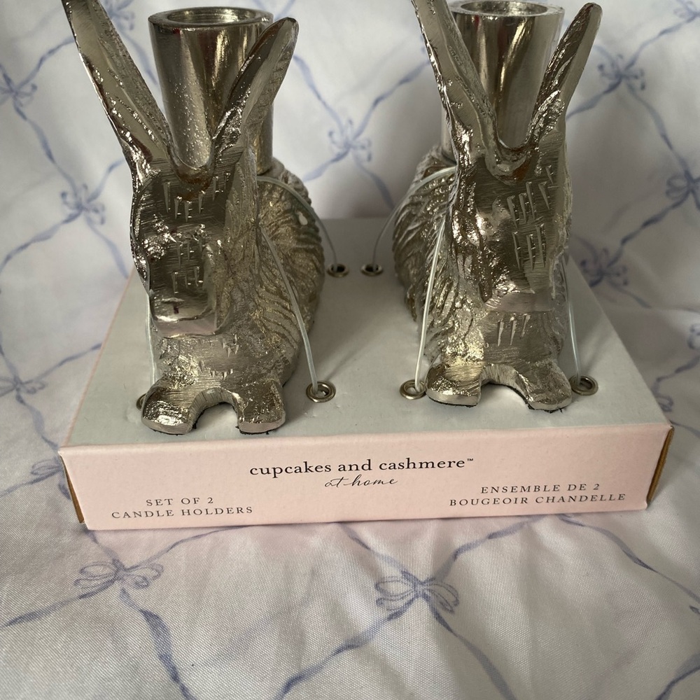 Cupcakes and Cashmere EASTER BUNNY Candlestick Holder Silver Set of 2